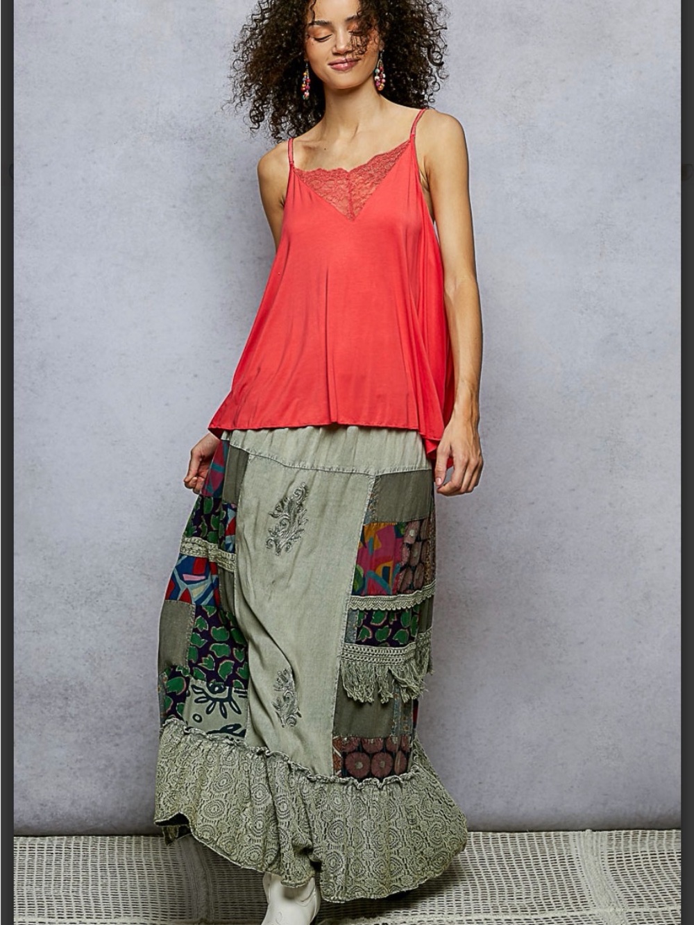 POL One of a Kind Patchwork Embroidered Ruffled Maxi Skirt Sage Multi - Picture 8 of 8